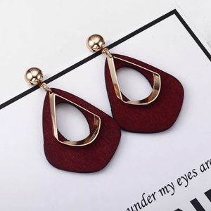 Hot Dark Red Wooden Geometric Earrings
